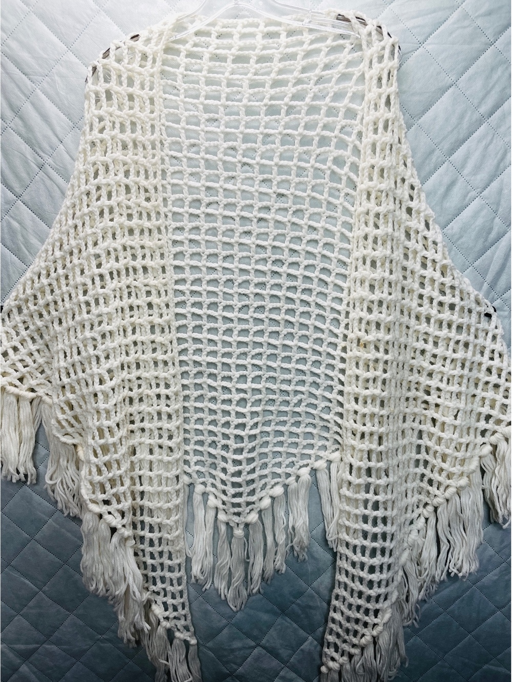 Vintage Handmade White Crochet Shawl with Fringe One Size 88" Wing Span 30" long